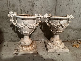 Pair Of Small Vintage Antique Cast Iron Garden Urns