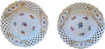 Meissen Hand Painted Scattered Flowers Reticulated Plates With Gold Details- Set Of 2