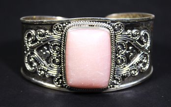 Fine Sterling Silver Cuff Bracelet Having Cabochon Pink Rose Quartz Stones