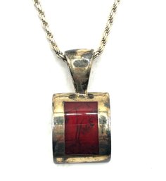 Vintage Italian Sterling Silver Chain With Sterling Silver Red Inlay Pendant