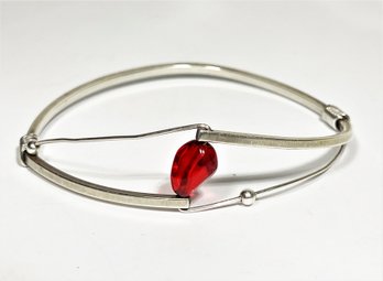 Fine Sterling Silver Bangle Bracelet Having Genuine Amber Stone