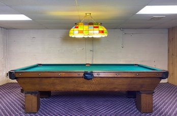 Regulation Size Antique Brunswick - Tiger Oak 8ft Slate Pool Table With Ball Return And Leather Pocket Shrouds