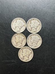 5 Mercury Dimes 1941, 1942, 1943, 1944, 1945