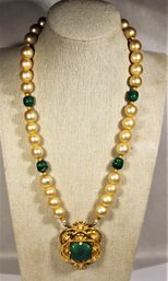 Lucien Piccard Signed Gold Tone Faux Pearl Green Stone Necklace Pendant