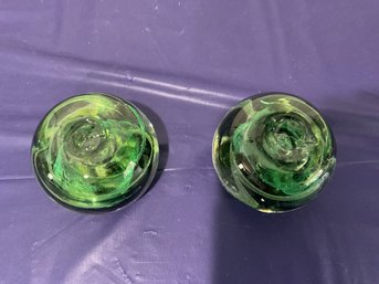 Vintage Round Glass Swirl Green Candle Holder/ Paper Weight