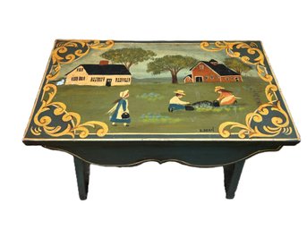 Small Boot Bench Painted With A Naive Style Folk Art Americana Scene