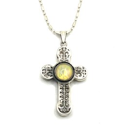 Vintage Sterling Silver Glowing Stone Ornate Cross Pendant On Sterling Silver Chain