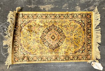 Small Hand Knotted Wool Medallion Fringed Rug In Shade Of Gold, Brown, Green & Rust