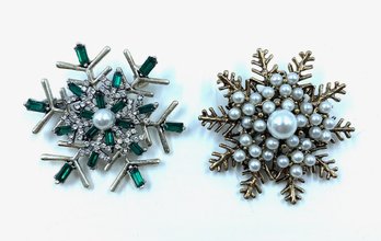 Pairing Of Rhinestone & Faux Pearl Snowflake Brooches