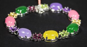 Contemporary Sterling Silver Bracelet Having Multi Colored Jade Stones & Gemstones