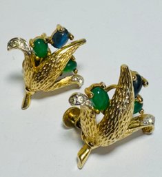 VINTAGE SIGNED JOMEZ GOLD TONE GREEN & BLUE STONE HINGED SCREW-BACK EARRINGS