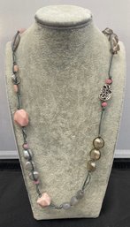 Silpada Necklace On Cord With Rose Quartz And Freshwater Pearls