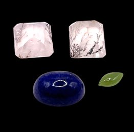 Geode Lot With Two Moss Agate Faceted, One Large Lapis Cabochon, Small Piece Of Alaskan Jade