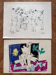 Leo Meiersdorff Original Drawing 'Jazz Group' &  Pinchas Livotsky Lithograph 'Green Birds', Both Signed