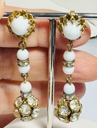 VINTAGE SIGNED CASTLECLIFF GOLD TONE WHITE AND RHINESTONE DANGLE CLIP-ON EARRINGS