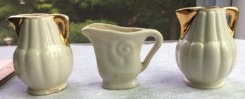 Lot Of 3 Miniature Mini Gold Overlay Porcelain Pottery Pitcher / Creamers