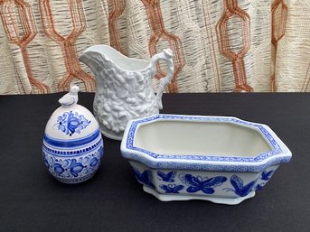 Trio Of Blue & White Ceramic Items