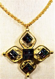 Large Fine Vintage Signed Napier Gold Tone And Colorful Cross Pendant Rhinestones