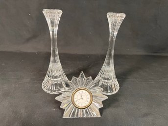 Waterford Crystal Prism Desk Clock And Pair Of Unmarked Fluted Candlesticks
