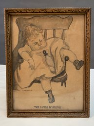 'the Curse Of Drink' Signed C.H. Edwards Original Watercolor Painting Child Sleeping In Chair 7.5x9.5 Framed