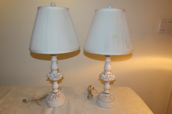 Pair White Porcelain Lamps With Flower Detail Around Middle And Base