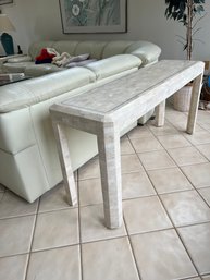 White Mid Century Tessellated Stone Sofa Table