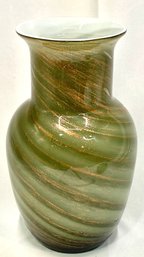 Olive Green Gold Fleck Swirll Cased Glass Handblown Vase