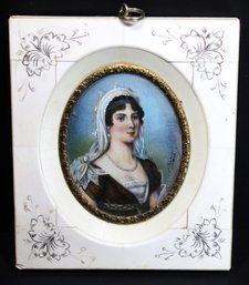 Antique Miniature Portrait Painting Signed In Bone Inlay Frame