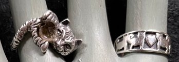 Vintage Ring Duo - Sterling Silver Wild Tiger Cat Size 5.5 & 925 Domestic Kitty Cats With Love Heart Size 8