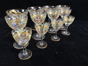 French Hand Painted Stemmed Glasses With Gold Rims 4 Ea. Of 3 Sizes