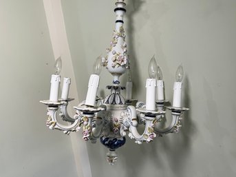 A Beautiful Vintage German Capodimonte Eight Arm Hand Painted Floral Embellished Chandelier