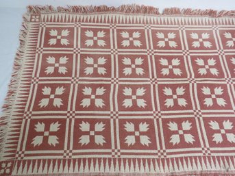 Attractive Red & Creamy White Primary Color Geometric Jacquard Coverlet With Fringe