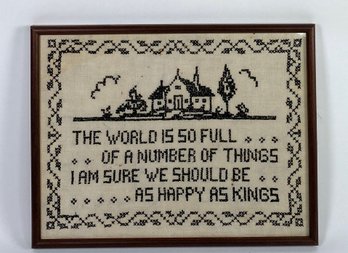 Antique Needlepoint - The World Is So Full - Framed Behind Glass