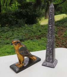 Egyptian Carved Obelisk And Figure Of Horus, The Falcon God Of The Sun