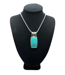 Vintage Sterling Silver Turquoise Pendant On Large Italian Sterling Silver Beaded Chain