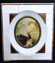 Antique Madonna Virgin Mary Miniature Painting In Bone Inlay Easel Back Silk Backed Frame