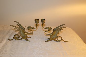 -Pair Of Brass Gryphon Candlestick Holders, 6 Tall X 8 Long