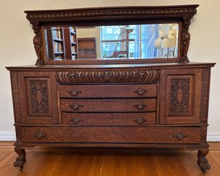 Antique Oak Sideboard With Carved Lions & Mirror  (Appraised For $2,000)