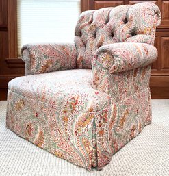 A Rolled Arm Tufted Chair In William Morris Print - And Look At The Legs Under That Skirt