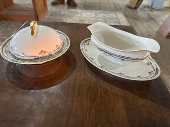 Two Pieces Limoges Lidded Dish And Gravy Boat With Attached Underplate