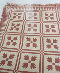 Attractive Red & Creamy White Primary Color Geometric Jacquard Coverlet With Fringe