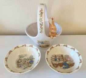 Adorable Beatrix Potter Planter Basket Paired With Two Bunnykins Bowls