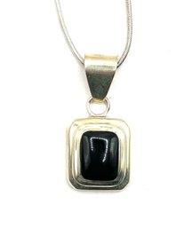 Vintage Italian Sterling Silver Snake Chain With Sterling Silver Onyx Color Pendant