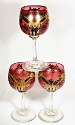 Three Antique Cranberry Moser Enamel Gilt Glass Wine Glass Stems