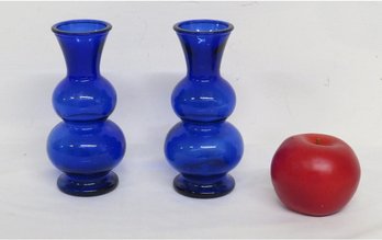 Matched Pair Of Deco Era Cobalt Blue Bulbous Ring Bud Vases