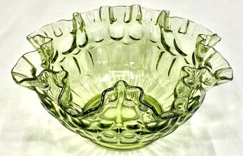 Vintage Fenton Colonial Green Glass Thumbprint Ruffled Bowl