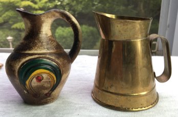Lot Of 2 Miniature Mini Brass & Brass Faux Glaze Yankee Potter Pottery Pitcher / Creamers