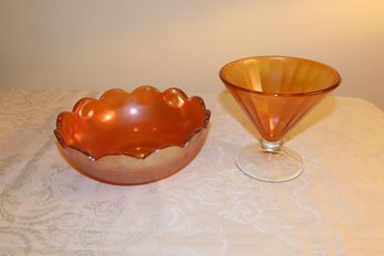 -2 Pieces Marigold Carnival Glass, Fluted Bowl 7.5 Diam., Vase, 5.25 Diam.