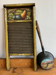 Folk Art Painted & Signed Washboard & Ladle