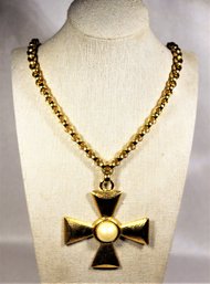 Large Gold Tone Necklace Having Large Faux Pearl Cross Pendant Signed MONET